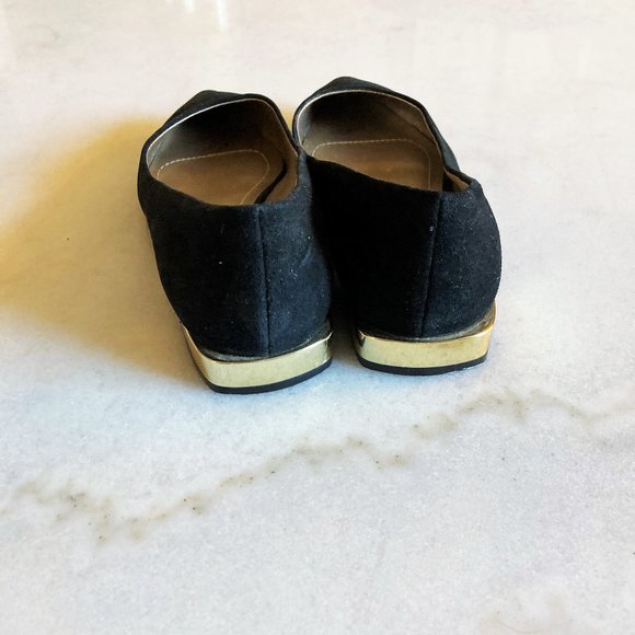 New! Tahari Eda black suede pointed toe flats / shoes with gold trim, block heel - Picture 8 of 13